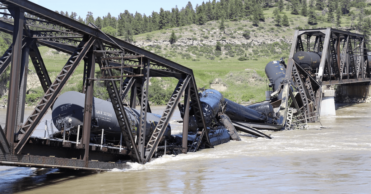 the collapse of a bridge under a freight train