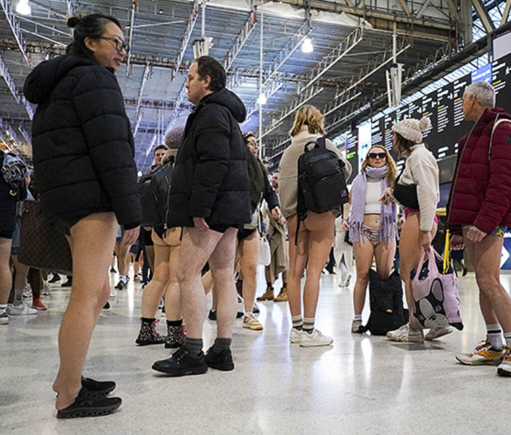 The No Trousers Tube Ride is a playful event where participants ride the London Underground without pants