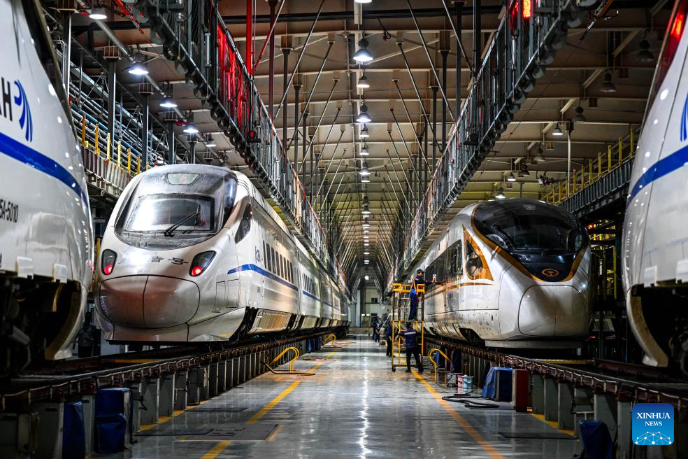 Bullet train maintenance in Hohhot ensures safe travel during China’s Spring Festival rush. Bullet train maintenance in Hohhot ensures safe travel during China’s Spring Festival rush.