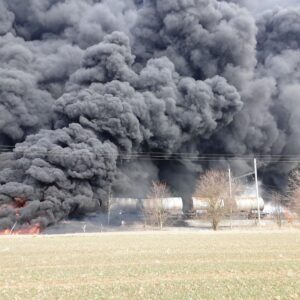 Freight Train Derails in eastern Czech Republic, igniting a massive chemical fire. Thick black smoke rises high as benzene tankers burn near Hustopeče nad Bečvou.