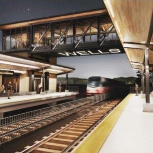 The Amtrak Downeaster Wells expansion launches this week at Wells Transportation Center. Workers actively replace the platform, build another, and connect them with a bridge.