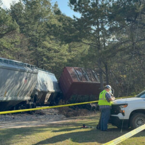 Emergency crews tackle the Train derailment Fayette County scene near Senoia and Tyrone Roads. Six CSX train cars derailed, and traffic stopped abruptly on Tuesday afternoon