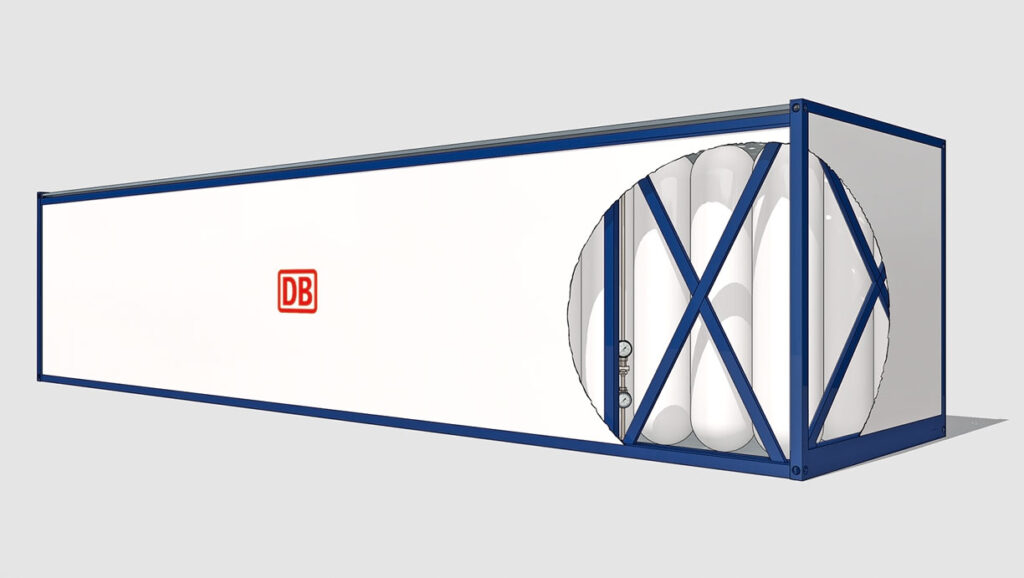 DB Cargo has introduced a cutting-edge container designed to transport compressed hydrogen gas at around 500 bar, expanding multimodal logistics with a focus on sustainability DB Cargo has introduced a cutting-edge container designed to transport compressed hydrogen gas at around 500 bar, expanding multimodal logistics with a focus on sustainability
