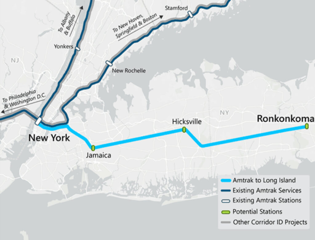 Amtrak is preparing a new intercity rail service connecting Long Island’s Ronkonkoma Station to Penn Station in New York, with future service extending to Washington, D.C. Amtrak is preparing a new intercity rail service connecting Long Island’s Ronkonkoma Station to Penn Station in New York, with future service extending to Washington, D.C.