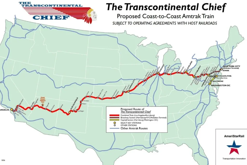 The Transcontinental Chief will connect New York and Los Angeles in under 72 hours, offering high-speed travel, freight service, and nationwide accessibility by 2026.