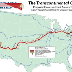 The Transcontinental Chief will connect New York and Los Angeles in under 72 hours, offering high-speed travel, freight service, and nationwide accessibility by 2026.