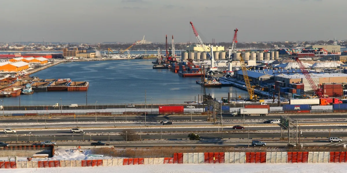 Archive photo showing Port Newark and nearby container port infrastructure in New Jersey. Archive view of Port Newark in New Jersey