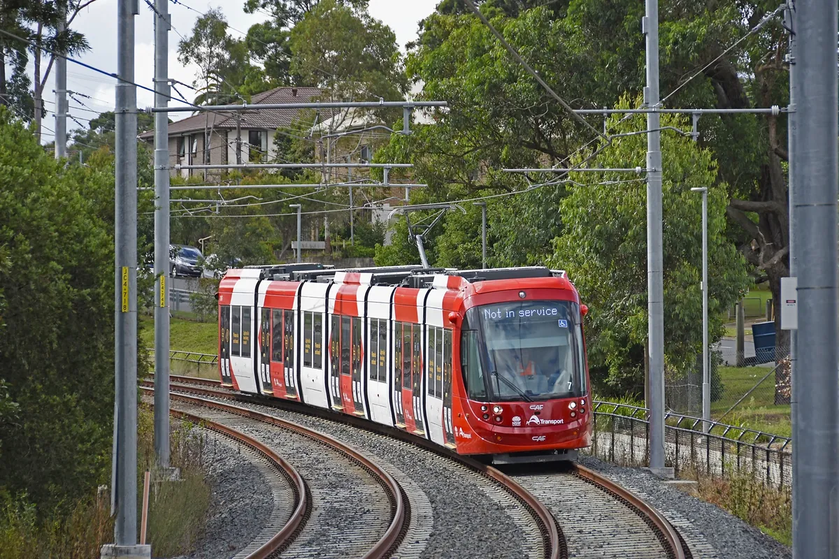 Parramatta Light Rail CAF Urbos 100 tram Official project image of Parramatta Light Rail Stage 2 near Sydney Olympic Park