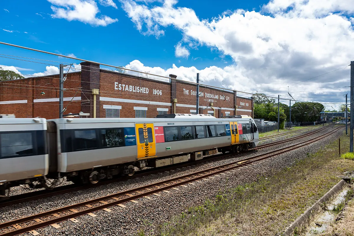 Queensland Rail train on faster rail corridor Queensland Rail train on the Logan–Gold Coast Faster Rail corridor
