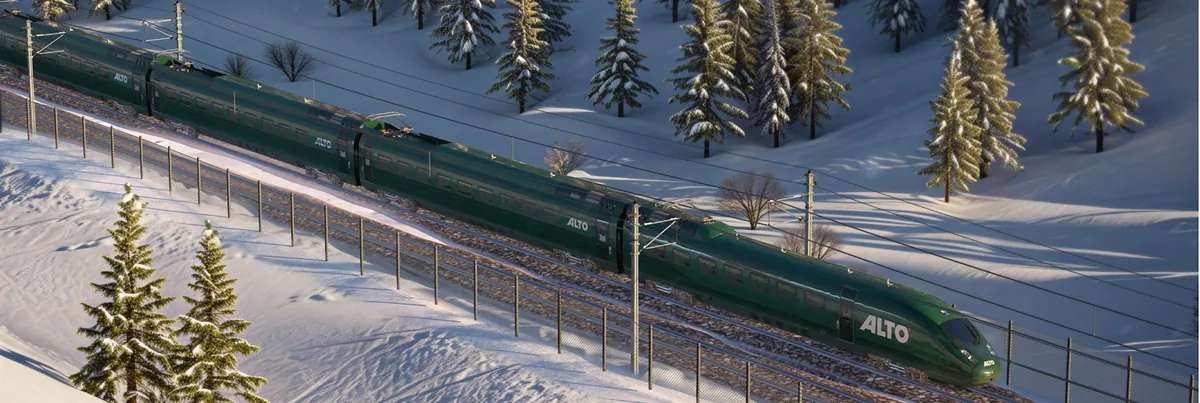 Alto high-speed rail project image Official Alto high-speed rail project image with a green train on electrified tracks