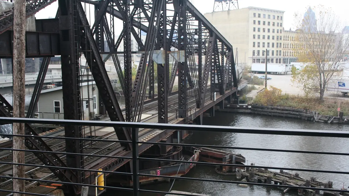 Amtrak Hiawatha train crossing a railroad bridge in Milwaukee