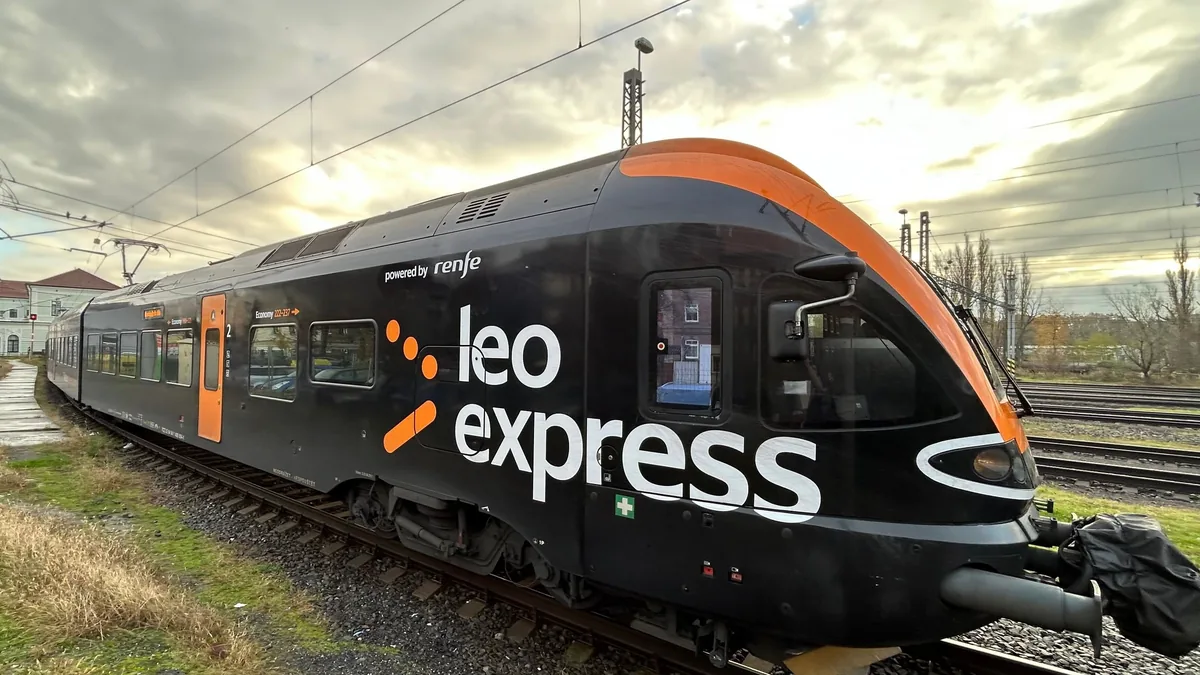 Leo Express coach for Frankfurt–Prague–Przemyśl route Leo Express coach shown in the Frankfurt–Prague–Przemyśl route announcement