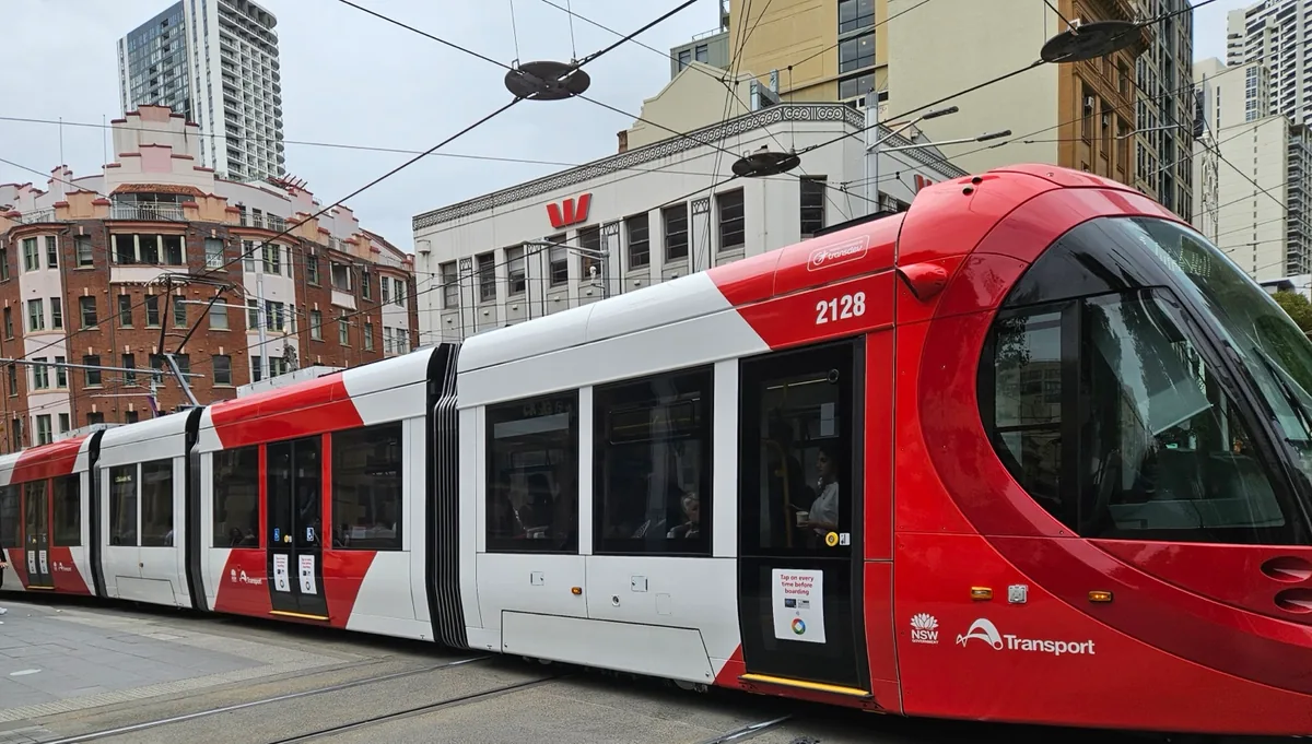 Archive photo of a Sydney Light Rail Urbos 100 tram on Hay Street