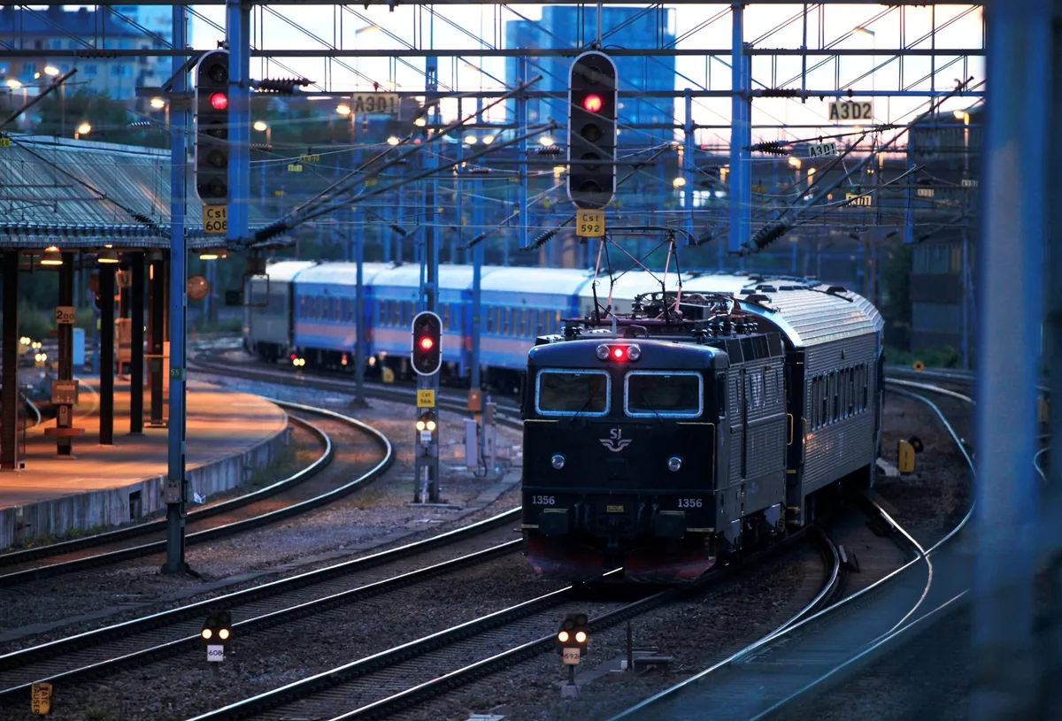 SJ night train in Sweden SJ night train in Sweden on railway tracks