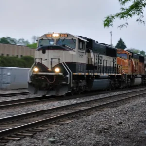 BNSF freight train passing under a signal bridge