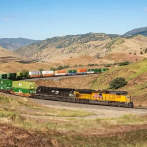 Union Pacific intermodal freight train in a western rail corridor