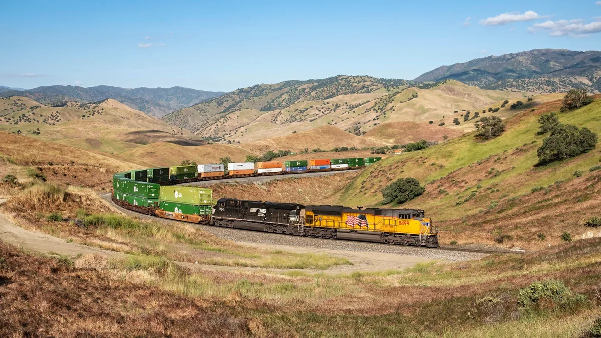 Union Pacific intermodal freight train Union Pacific intermodal freight train in a western rail corridor