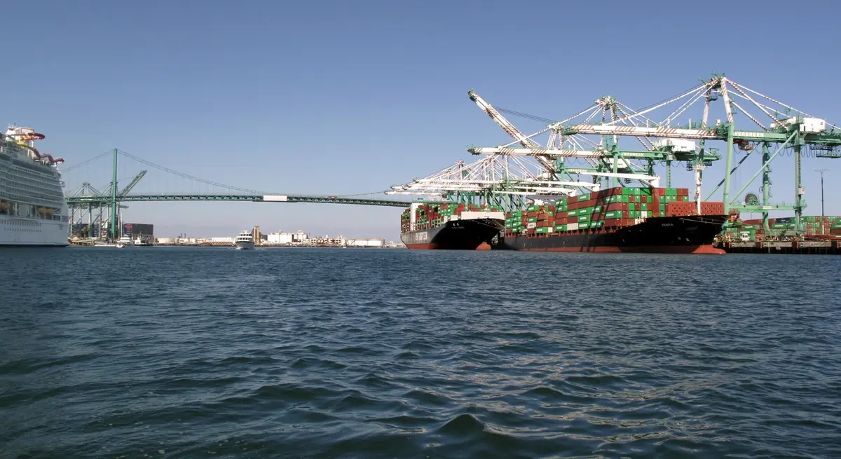 Container operations at the Port of Los Angeles Container ships being handled at the Port of Los Angeles