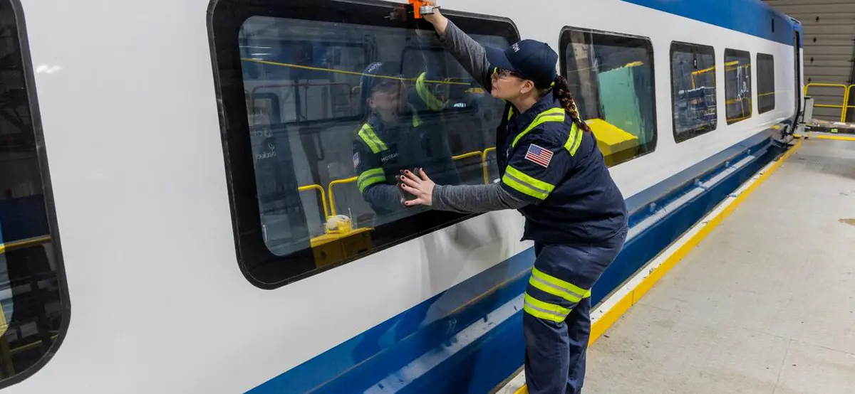 Alstom employee working on a NextGen Acela train in Hornell