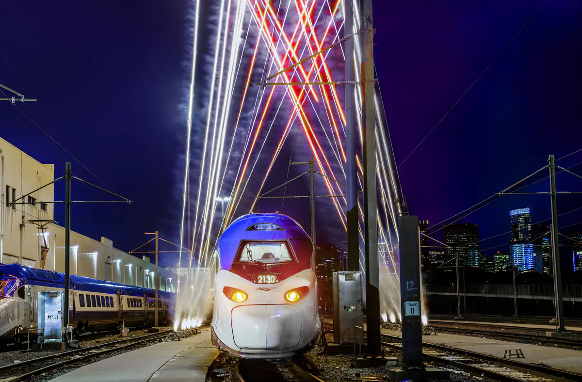 Exterior view of an Amtrak NextGen Acela train
