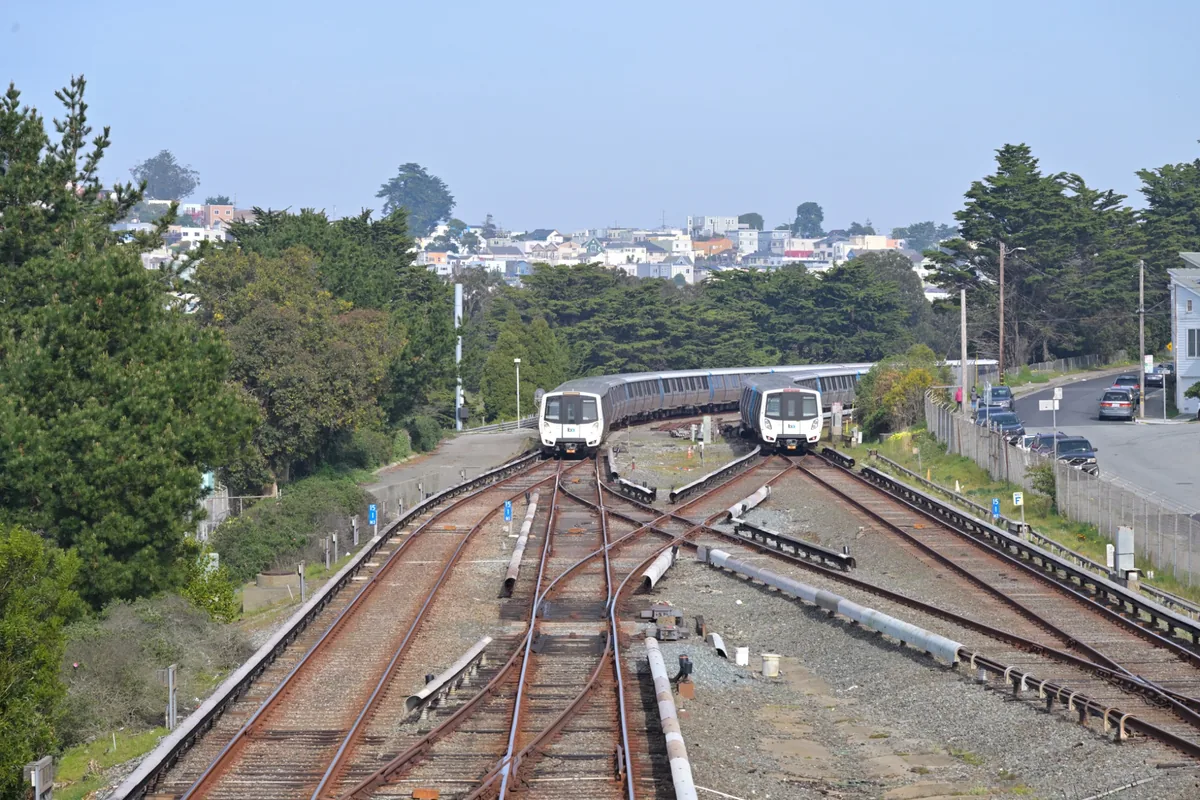 BART trains near Daly City Station Blue and Yellow Line BART trains near Daly City Station