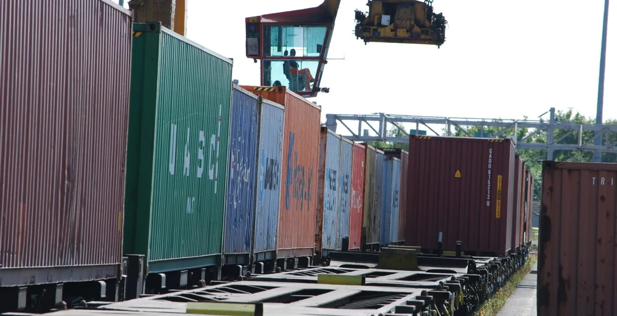 Intermodal rail freight operations Rail freight containers being handled at an intermodal terminal