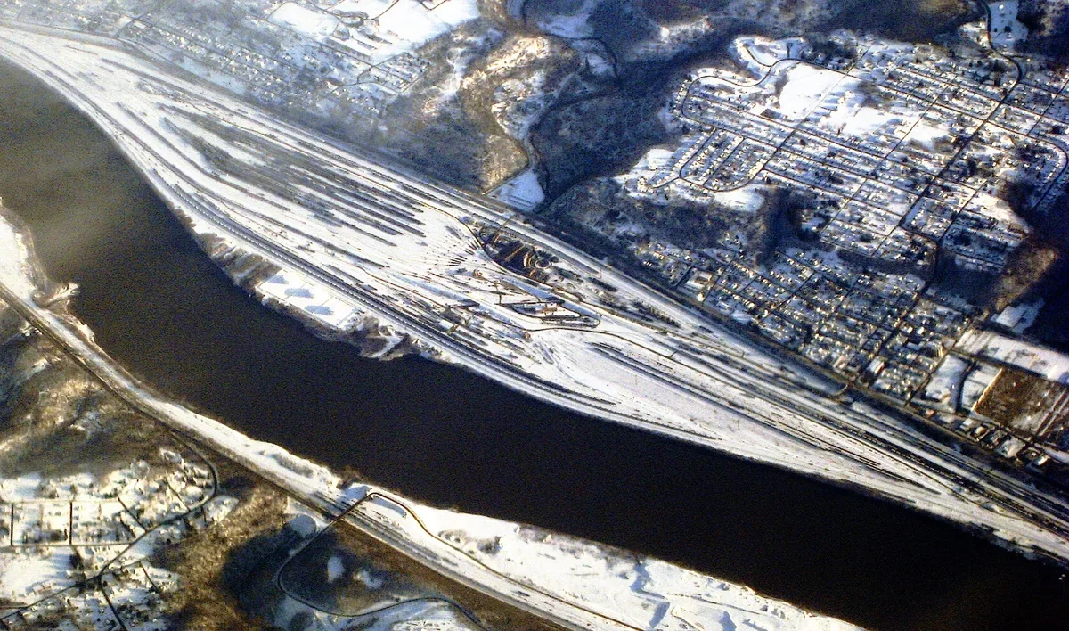 Aerial view of Conway Yard beside the Ohio River