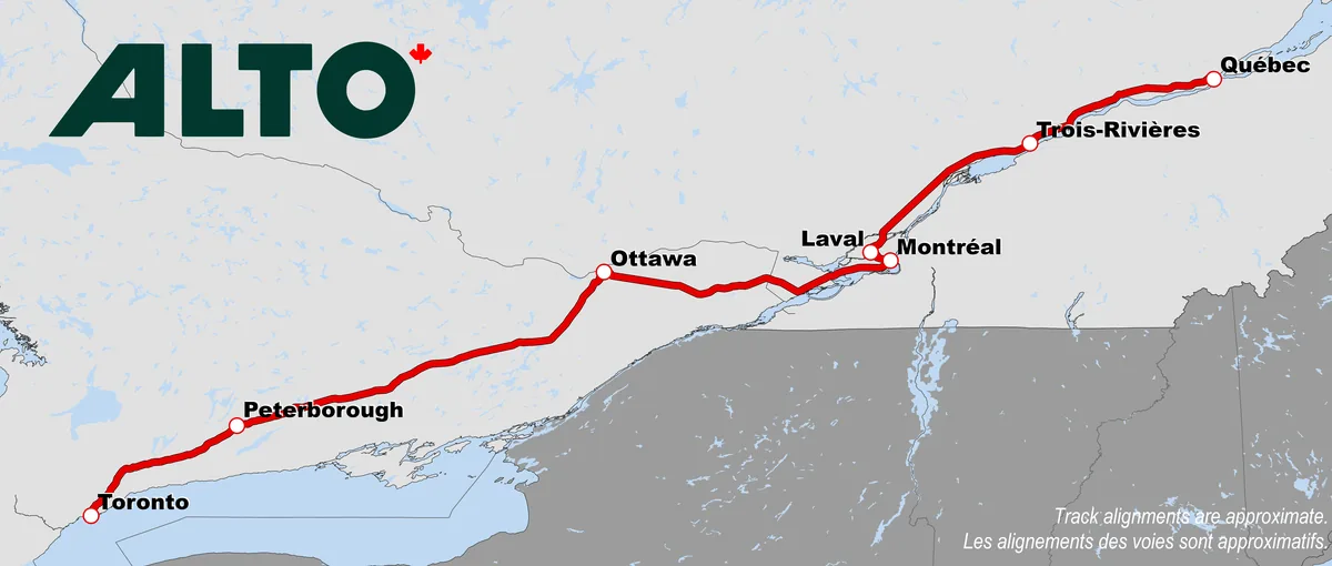 Potential Alto high-speed rail route Illustrative map of the potential Alto high-speed rail route between Toronto and Québec City