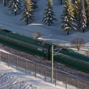 Green high-speed train travelling through a snowy landscape in an Alto project visual