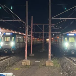Two Sydney Metro trains during Southwest Metro testing at Bankstown