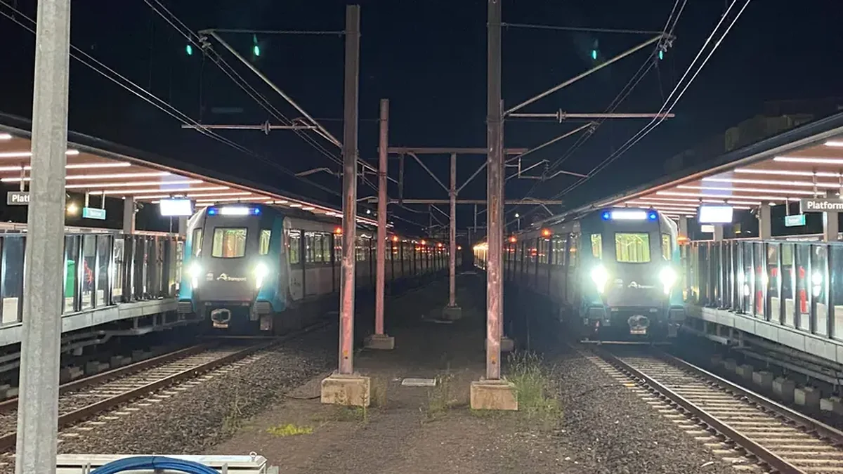 Two Sydney Metro trains during Southwest Metro testing at Bankstown Two Sydney Metro trains during Southwest Metro testing at Bankstown