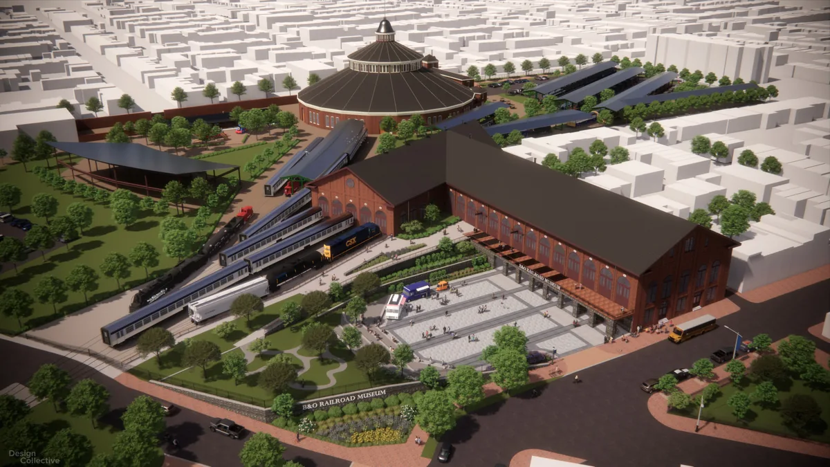 Aerial rendering of the National Museum of Railroad History & Innovation campus transformation in Baltimore Aerial rendering of the National Museum of Railroad History & Innovation campus transformation in Baltimore