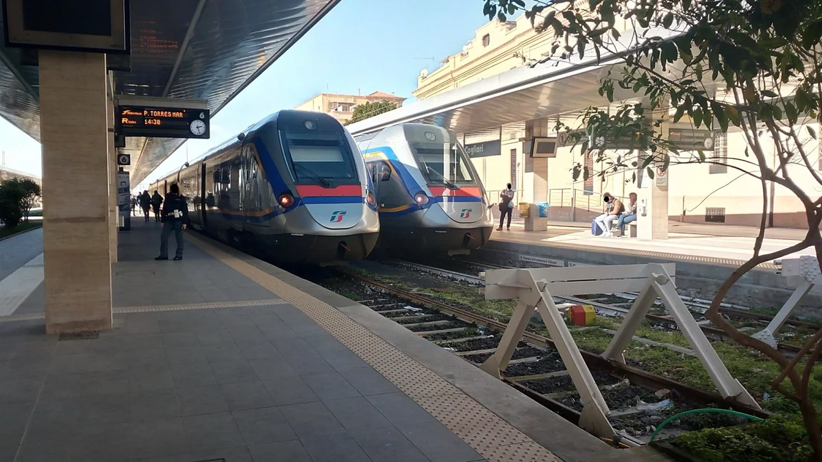 Two Trenitalia ATR 365 tilting trains at Cagliari station in Sardinia Two Trenitalia ATR 365 tilting trains at Cagliari station in Sardinia