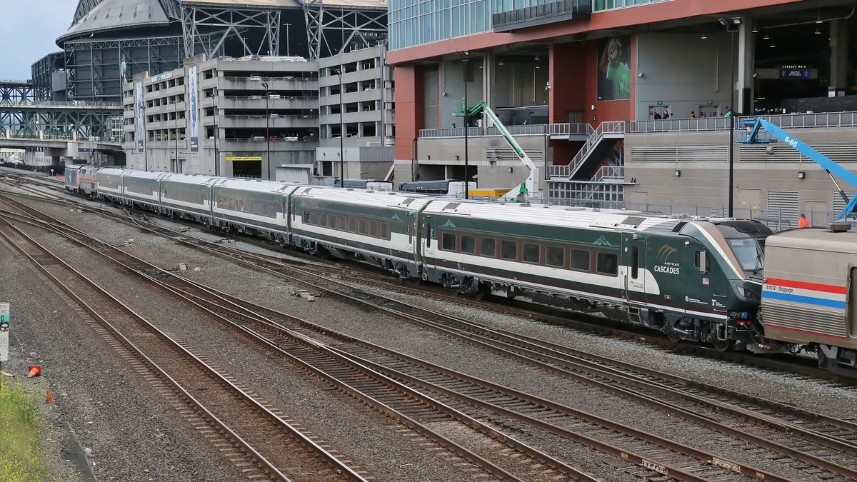 Amtrak Cascades Airo trainset arriving near King Street Station in Seattle Amtrak Cascades Airo trainset arriving near King Street Station in Seattle