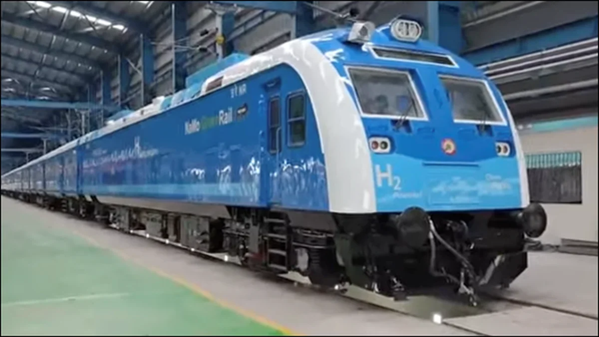 Indian Railways hydrogen train inside a manufacturing facility Indian Railways hydrogen train inside a manufacturing facility