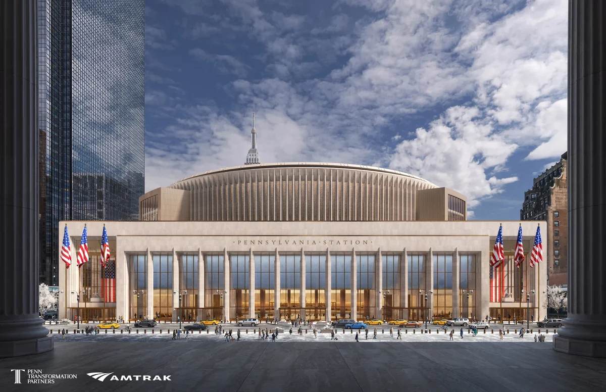 Rendering of the transformed Penn Station entrance on Eighth Avenue Rendering of the transformed Penn Station entrance on Eighth Avenue