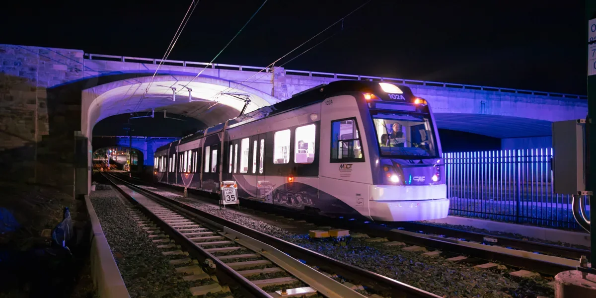 Purple Line light rail vehicle testing beneath the Baltimore-Washington Parkway Purple Line light rail vehicle testing beneath the Baltimore-Washington Parkway