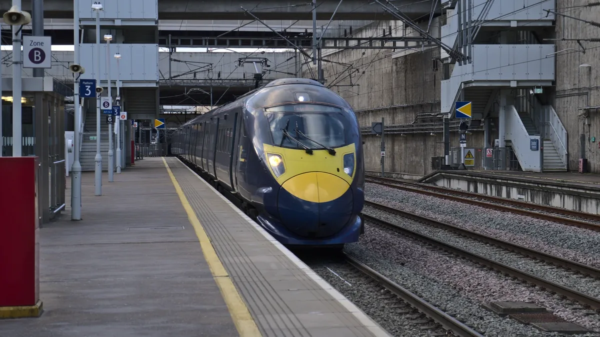 High-speed train at Stratford International station High-speed train at Stratford International station