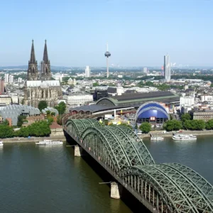 Cologne skyline with central station and Hohenzollern Bridge