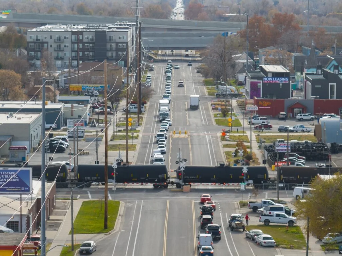 Freight train blocks a road crossing in Salt Lake City’s West Side Freight train blocks a road crossing in Salt Lake City’s West Side