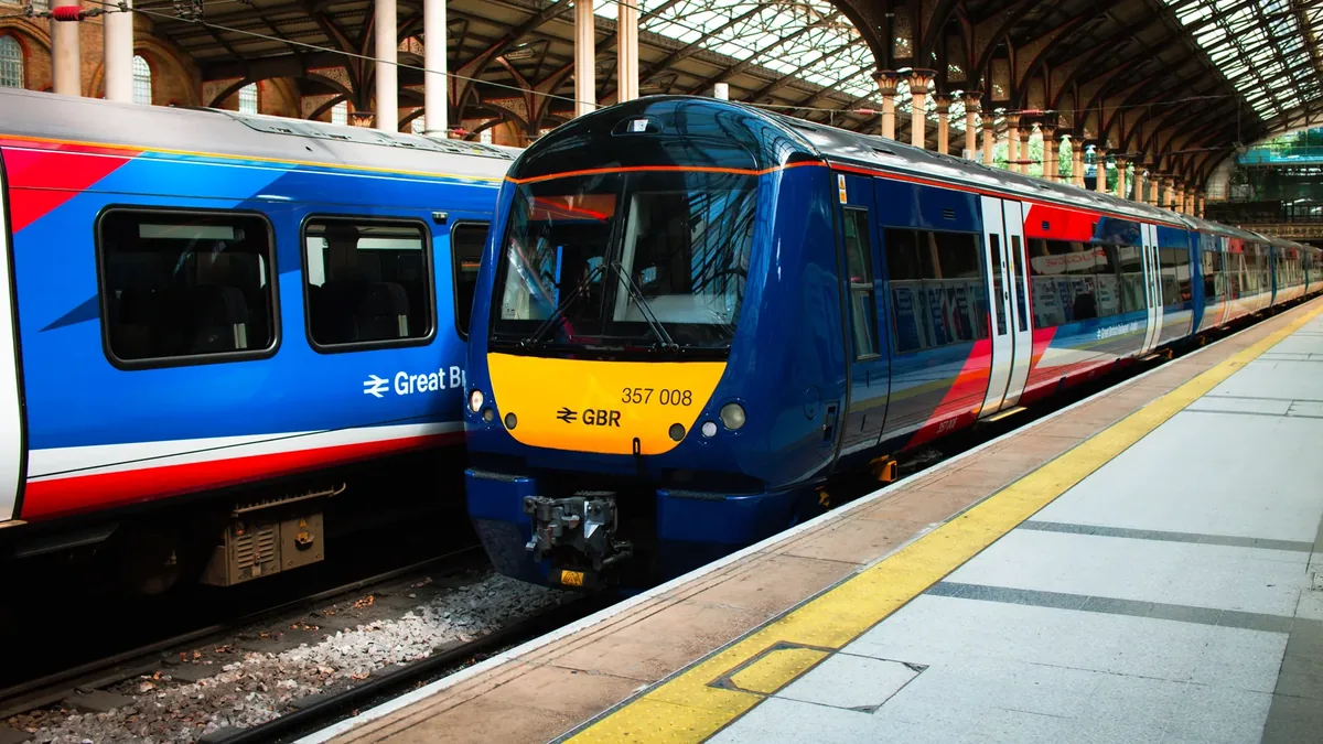 GBR Anglia Class 357 train in red, white and blue livery at London Liverpool Street GBR Anglia Class 357 train in red, white and blue livery at London Liverpool Street