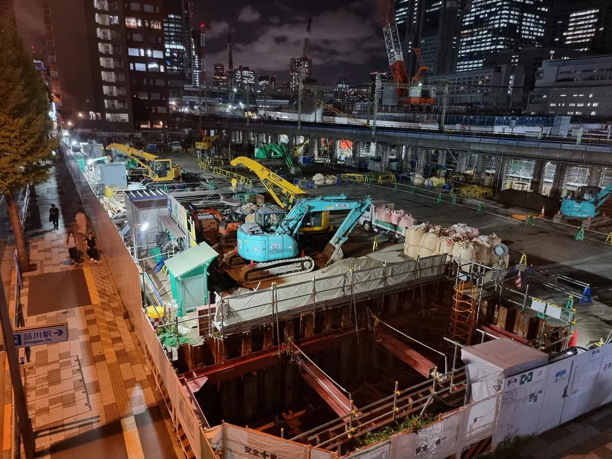 Chuo Shinkansen construction site beside Shinagawa Station at night Chuo Shinkansen construction site beside Shinagawa Station at night