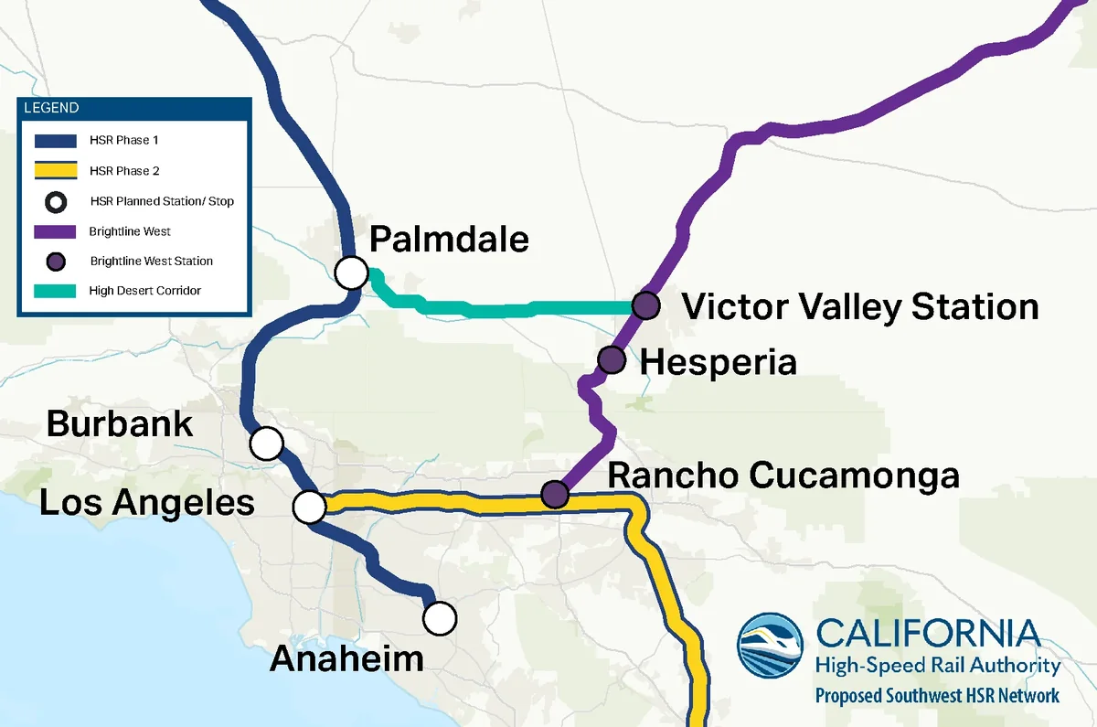 Map showing the planned High Desert Corridor between Palmdale and Victor Valley and its connections to California High-Speed Rail and Brightline West Map showing the planned High Desert Corridor between Palmdale and Victor Valley and its connections to California High-Speed Rail and Brightline West