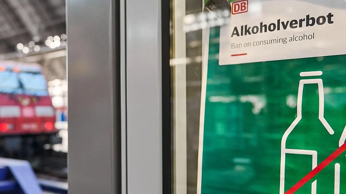 Alcohol-ban sign beside Deutsche Bahn trains at Frankfurt Central Station Alcohol-ban sign beside Deutsche Bahn trains at Frankfurt Central Station
