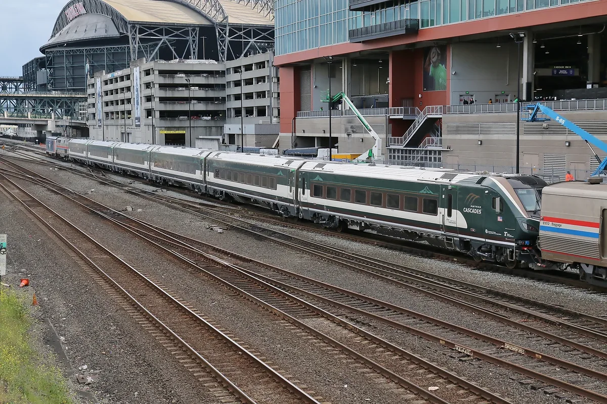 First Siemens Airo trainset in Amtrak Cascades livery near King Street Station in Seattle First Siemens Airo trainset in Amtrak Cascades livery near King Street Station in Seattle