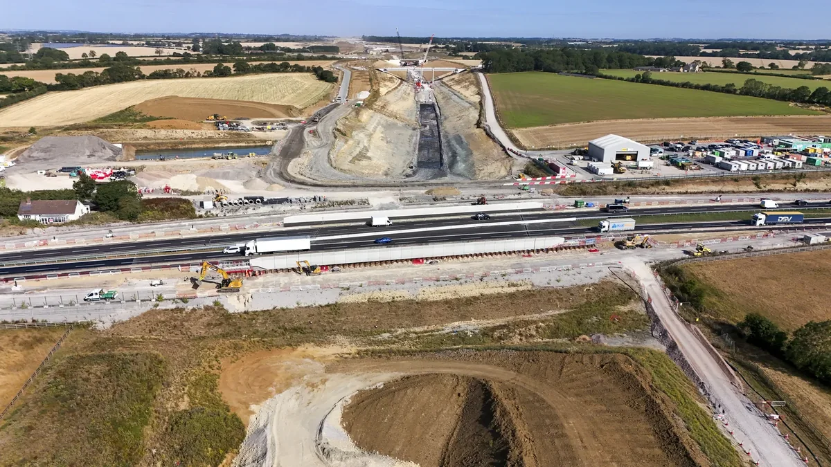 Aerial view of traffic crossing the new A43 bridge above the HS2 cutting near Brackley Aerial view of traffic crossing the new A43 bridge above the HS2 cutting near Brackley