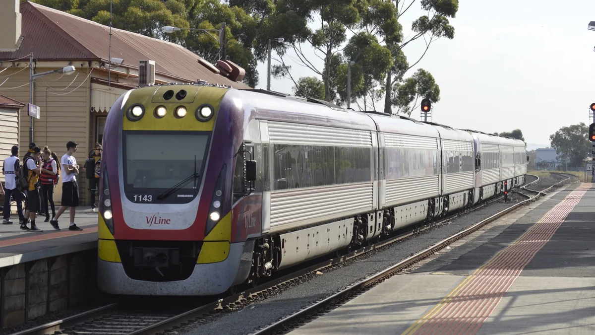V/Line VLocity train arriving at Melton Station in Victoria