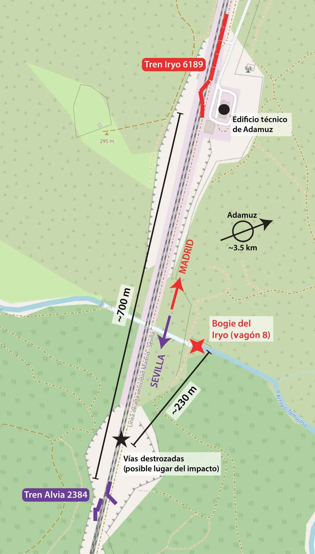 Map showing the approximate positions of Iryo 6189 and Alvia 2384, the damaged track and a recovered bogie near Adamuz.