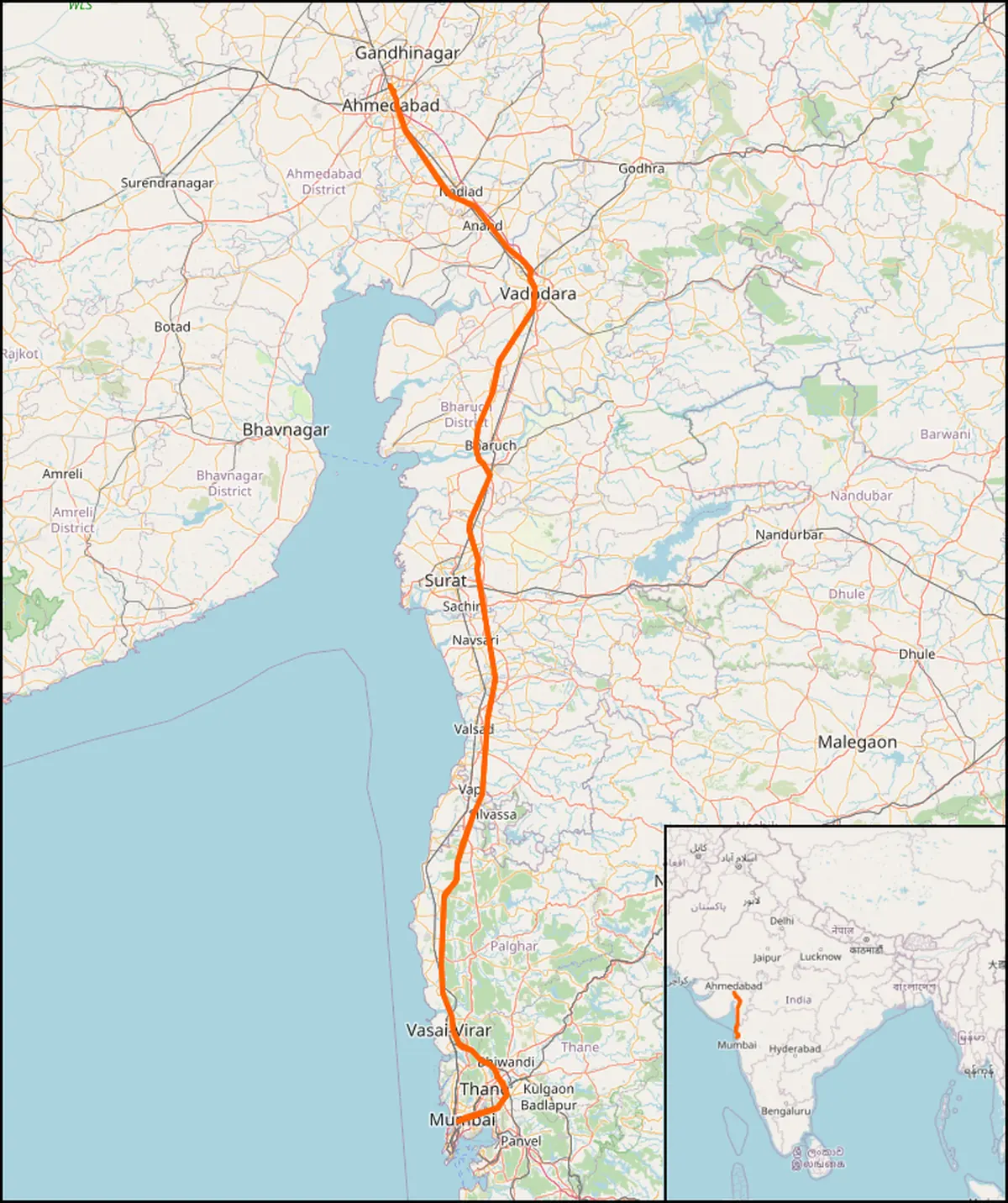 Map of the Mumbai–Ahmedabad High-Speed Rail Corridor through western India Map of the Mumbai–Ahmedabad High-Speed Rail Corridor through western India