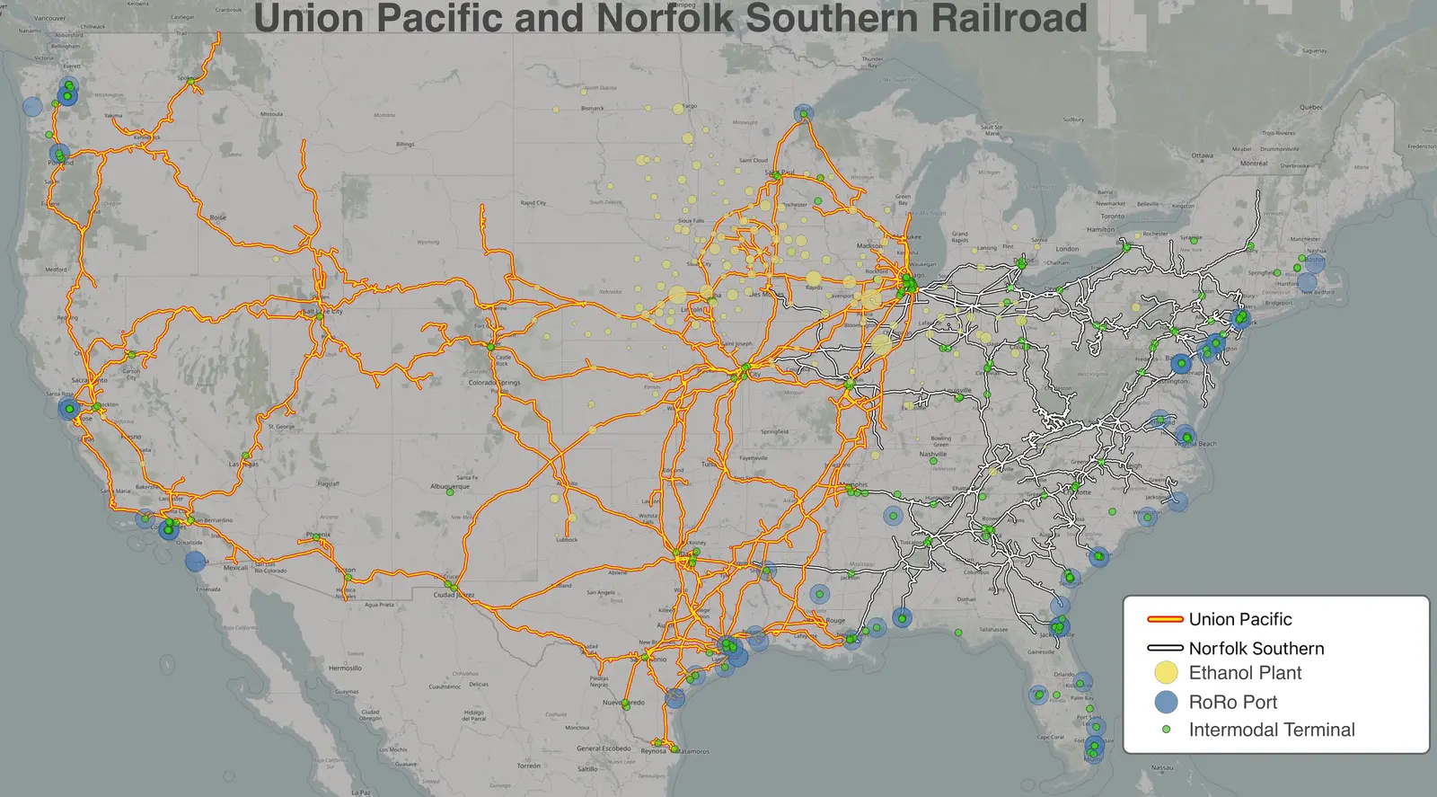 Map of Union Pacific and Norfolk Southern rail networks across the United States Map of Union Pacific and Norfolk Southern rail networks across the United States